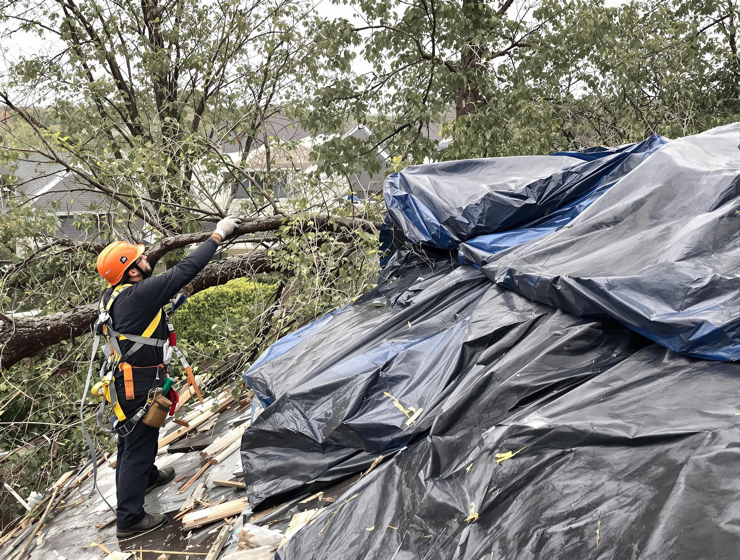 A tarped roof after storm damage repaired by Wickliffe Roofing Company in Wickliffe, OH