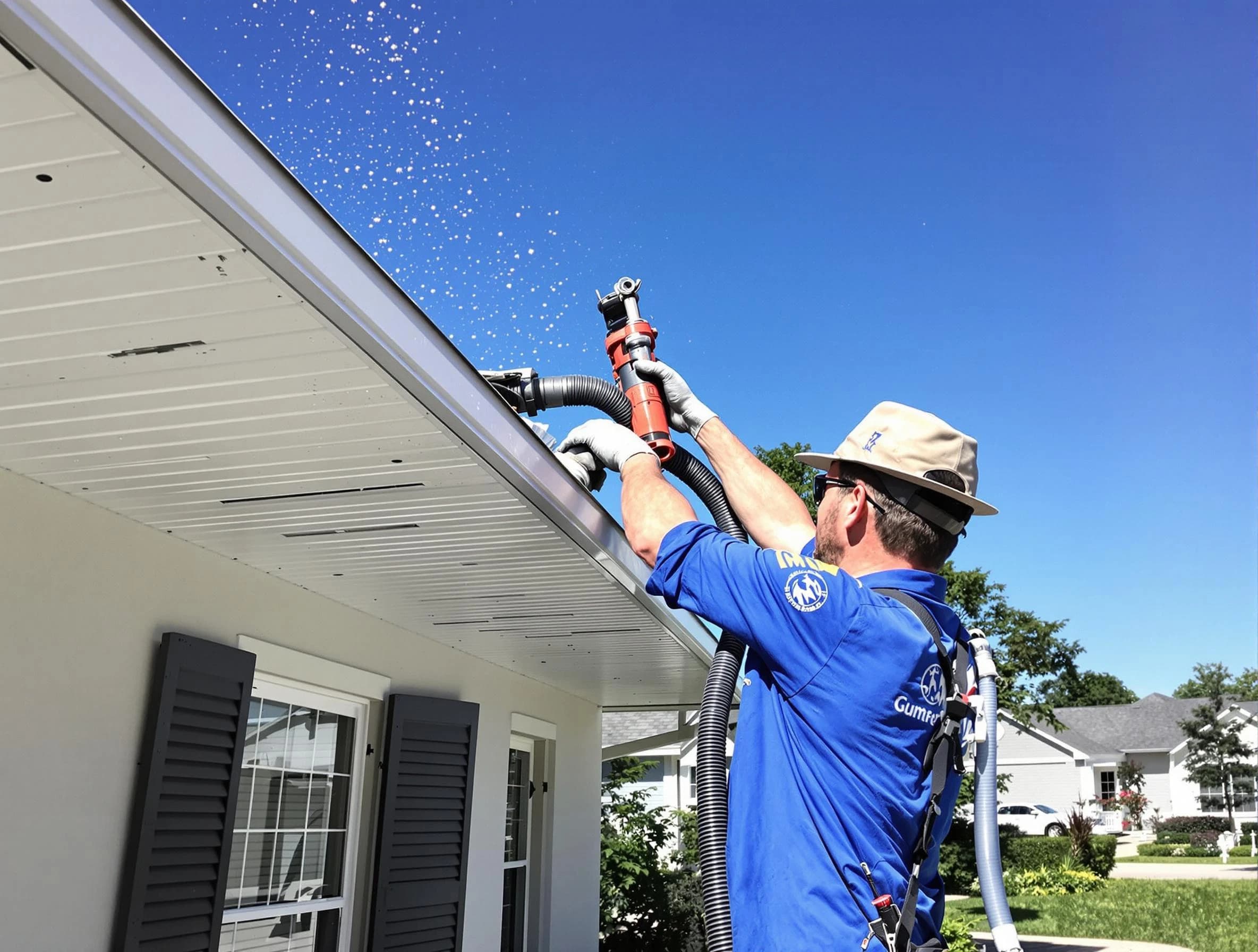 Technician completing a gutter cleaning project by Wickliffe Roofing Company in Wickliffe, OH